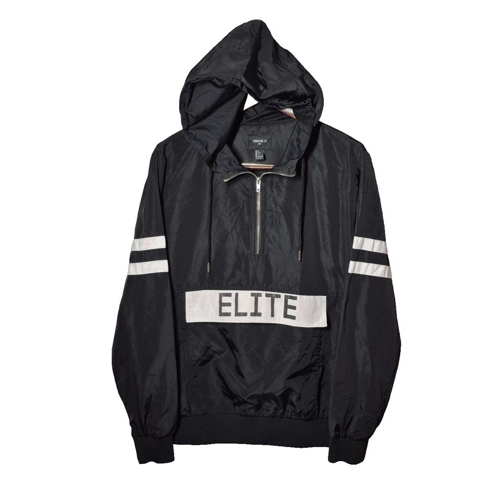 Forever 21 Jacket Mens Large Black Elite Hooded‎ Windbreaker Pullover Anorak